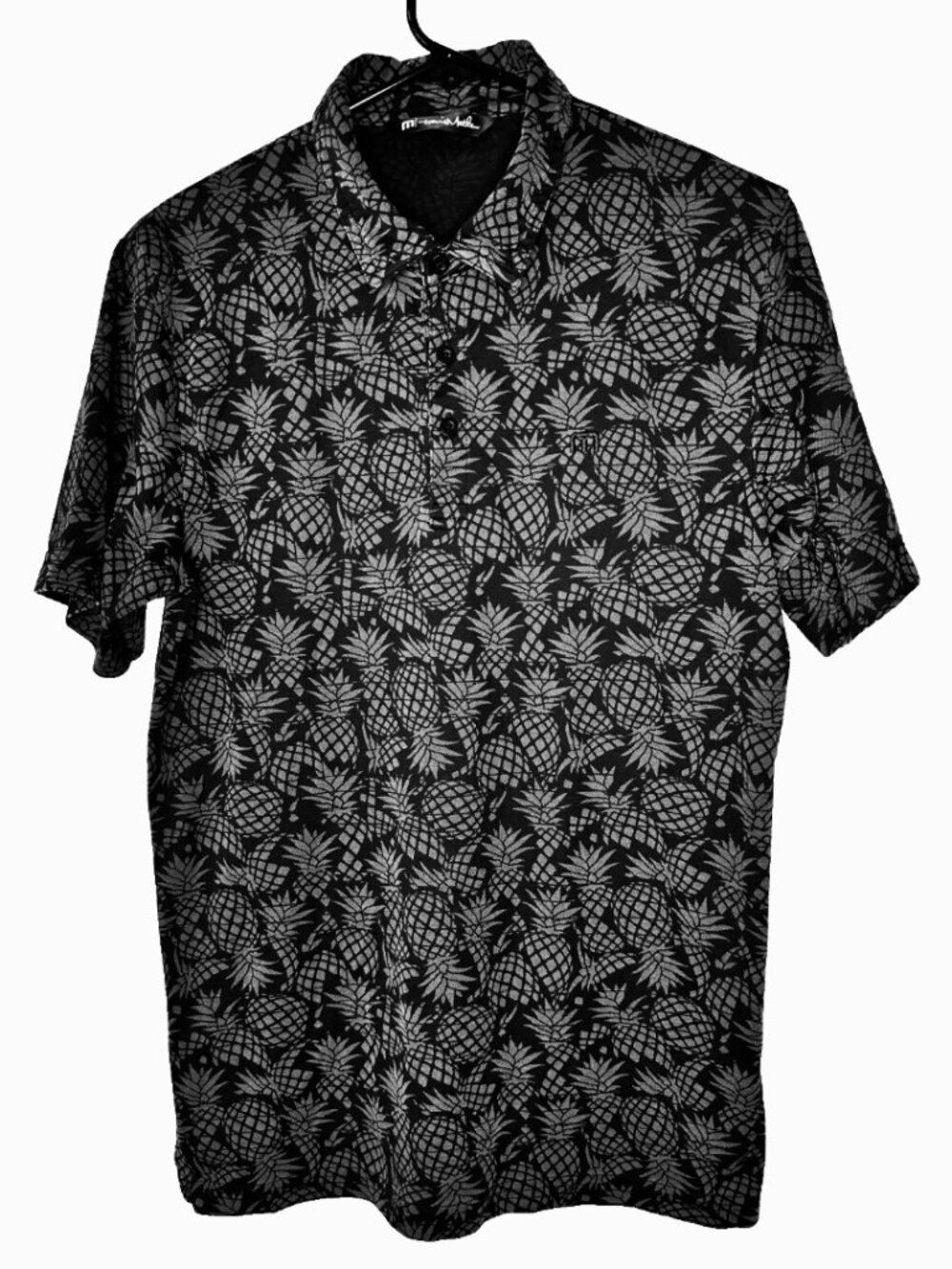 Travis Mathew Off the Cape Polo Shirt Men’s Medium Black Pineapple Print Golf